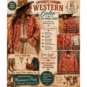 Jean Jacket Rust Tie Dye Denim Jacket XL Boho Western Orange prairie festival